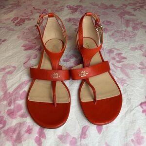 Coach Orange Leather T-Strap Sandals with Gold Logo